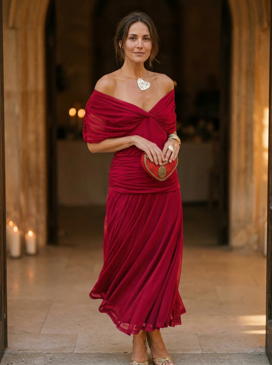 Women's Off-Shoulder Pleated Midi Dress with Fitted Waist 5