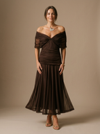 Women's Off-Shoulder Pleated Midi Dress with Fitted Waist 7