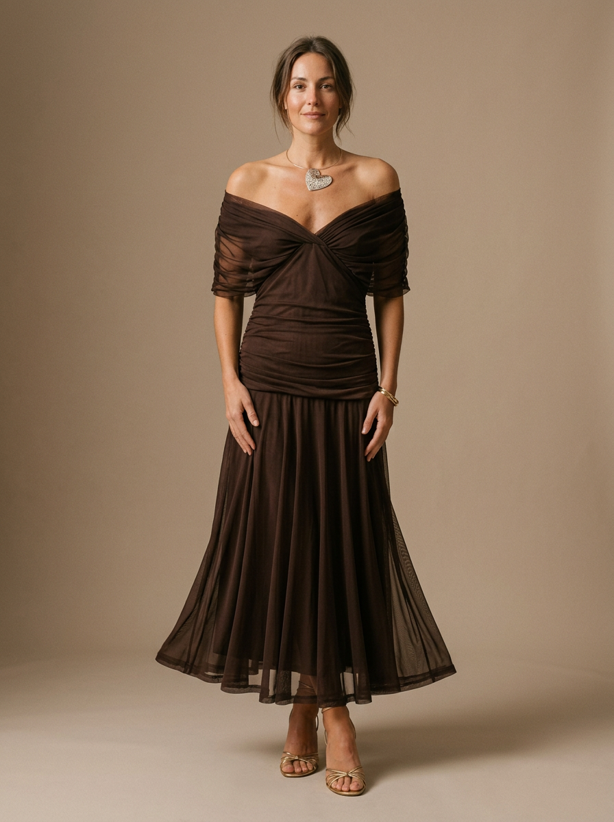 Women's Off-Shoulder Pleated Midi Dress with Fitted Waist 7