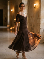 Women's Off-Shoulder Pleated Midi Dress with Fitted Waist 8