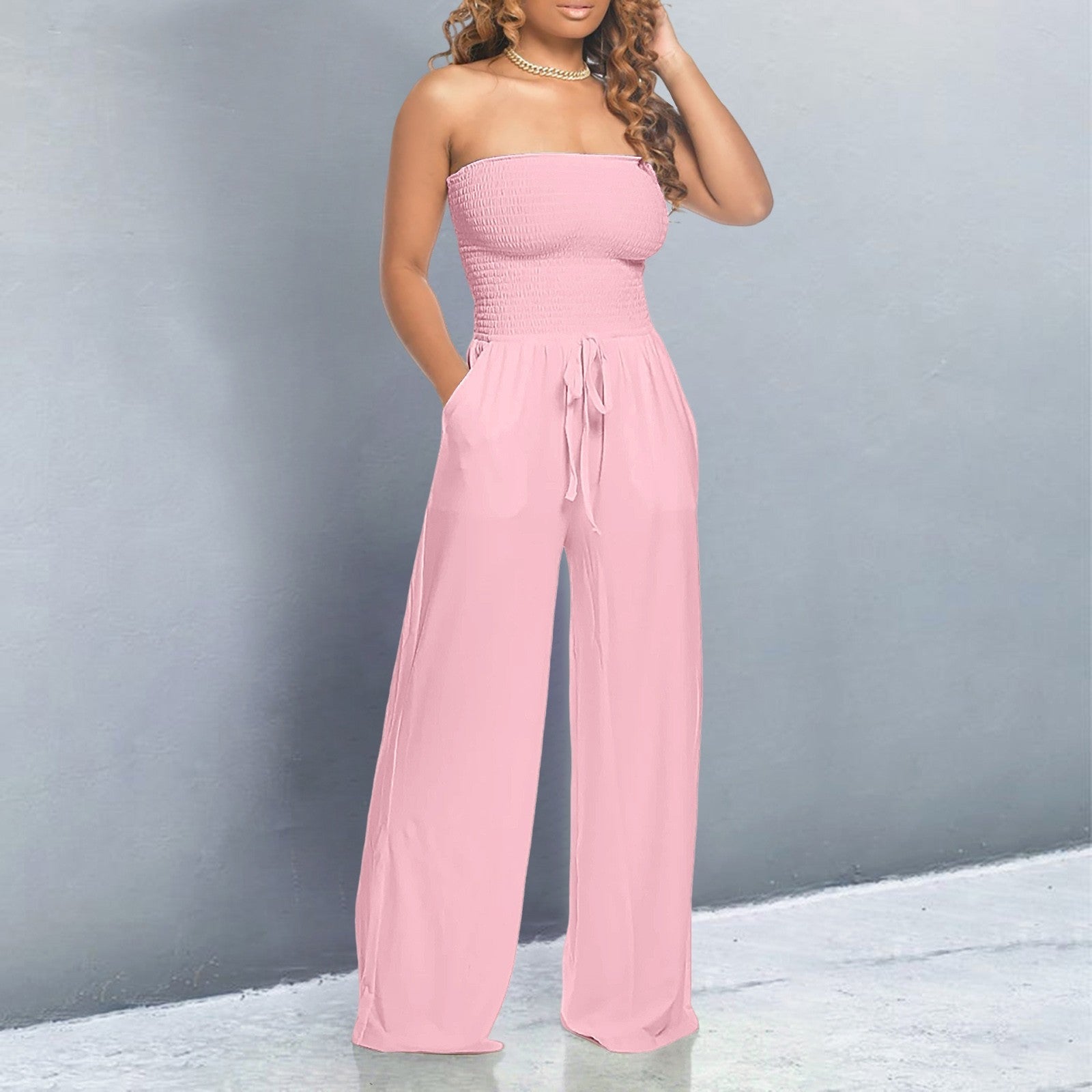 Women's Off-Shoulder Wide-Leg Jumpsuit with Drawstring Waist 1