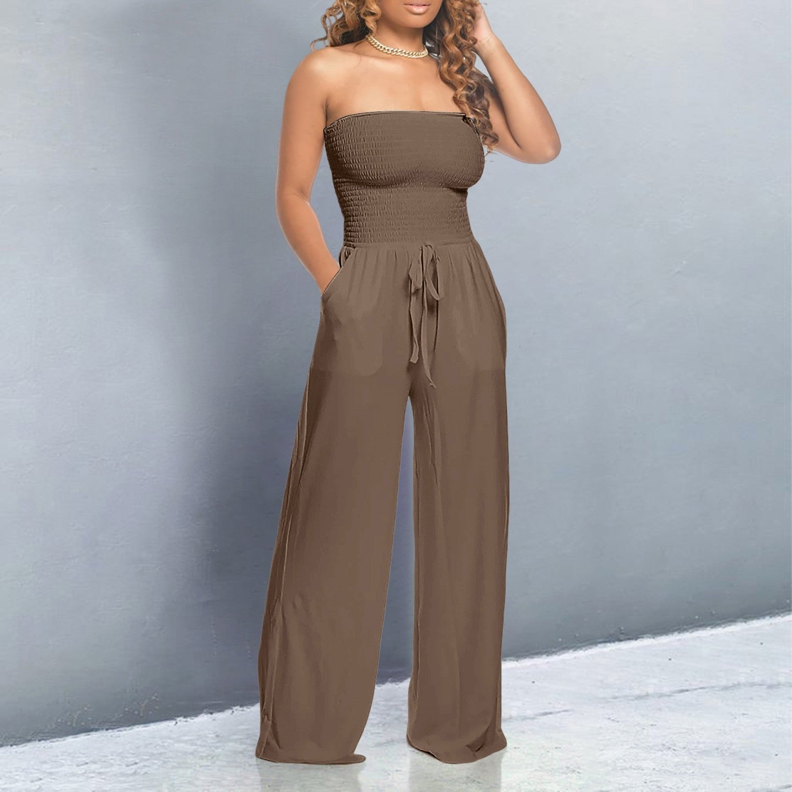 Women's Off-Shoulder Wide-Leg Jumpsuit with Drawstring Waist 3