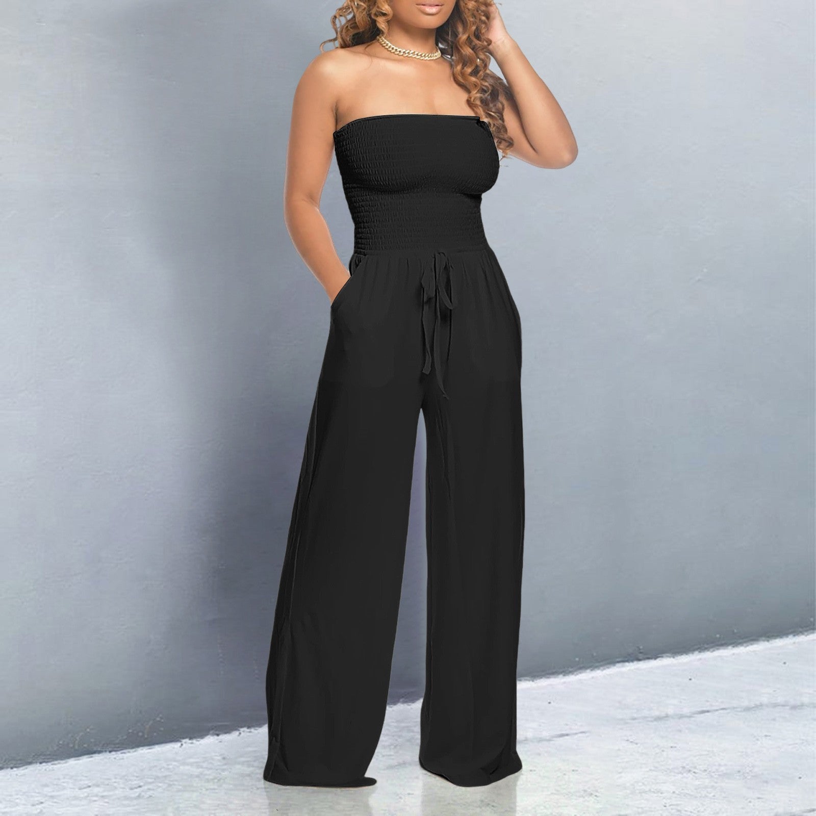Women's Off-Shoulder Wide-Leg Jumpsuit with Drawstring Waist 6