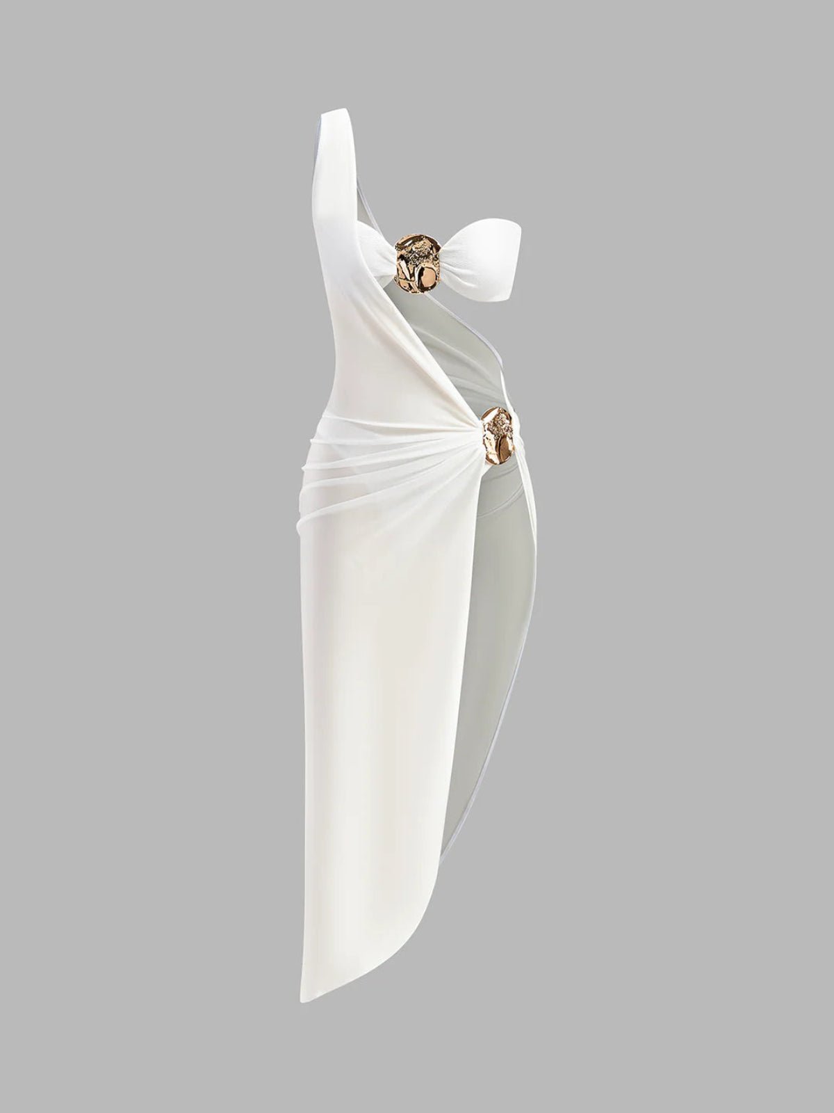 Women's One-Shoulder Cut-Out Midi Dress with Metallic Brooch Detail 6