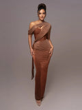 Women's One Shoulder Maxi Dress with High Slit and Draped Detail 1
