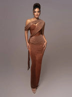 Women's One Shoulder Maxi Dress with High Slit and Draped Detail 1