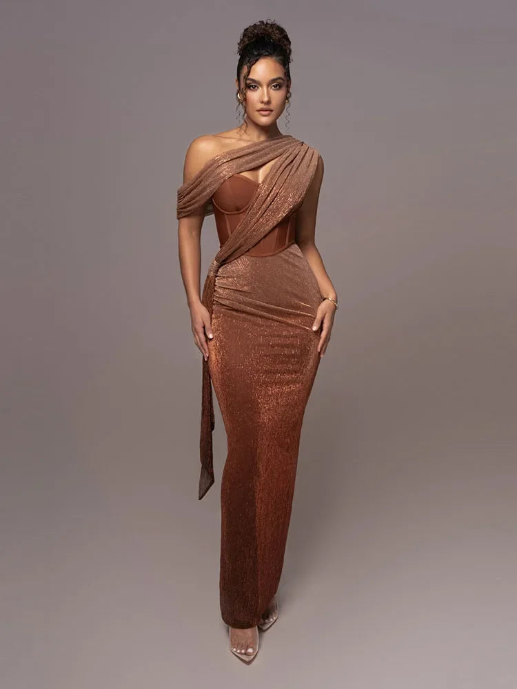 Women's One Shoulder Maxi Dress with High Slit and Draped Detail 1