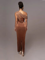 Women's One Shoulder Maxi Dress with High Slit and Draped Detail 2