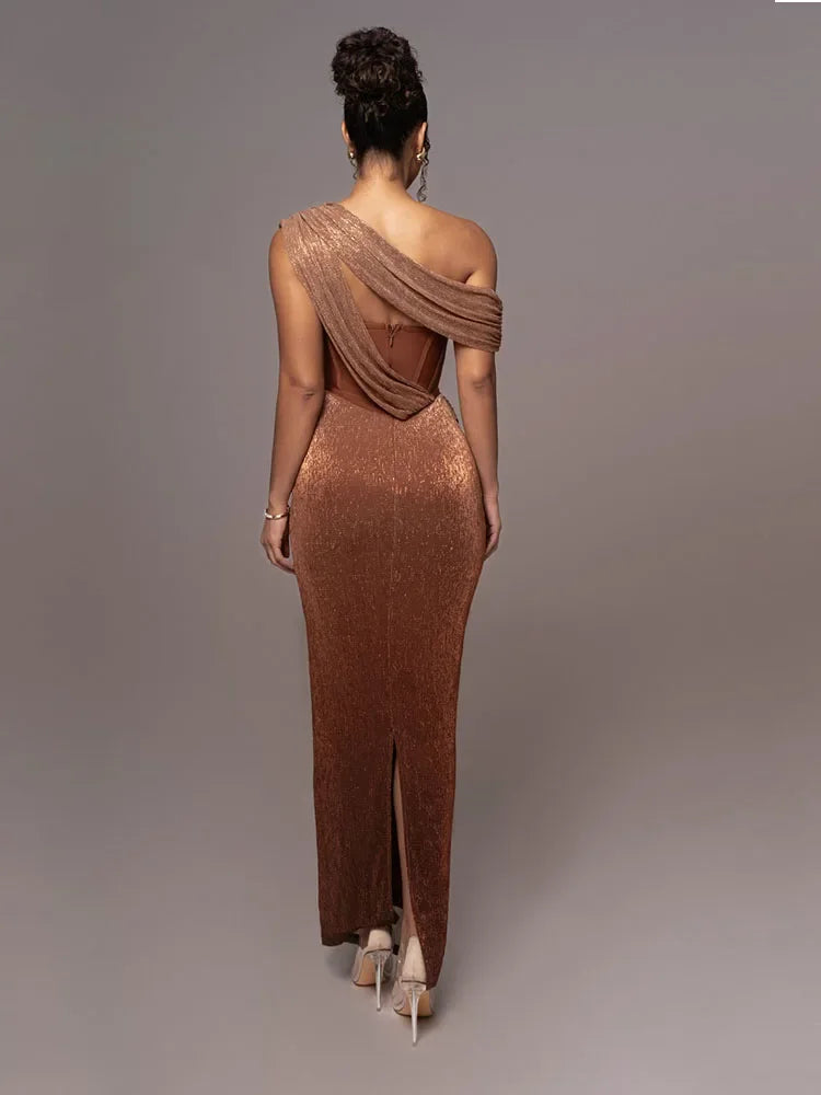Women's One Shoulder Maxi Dress with High Slit and Draped Detail 2