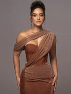 Women's One Shoulder Maxi Dress with High Slit and Draped Detail 3