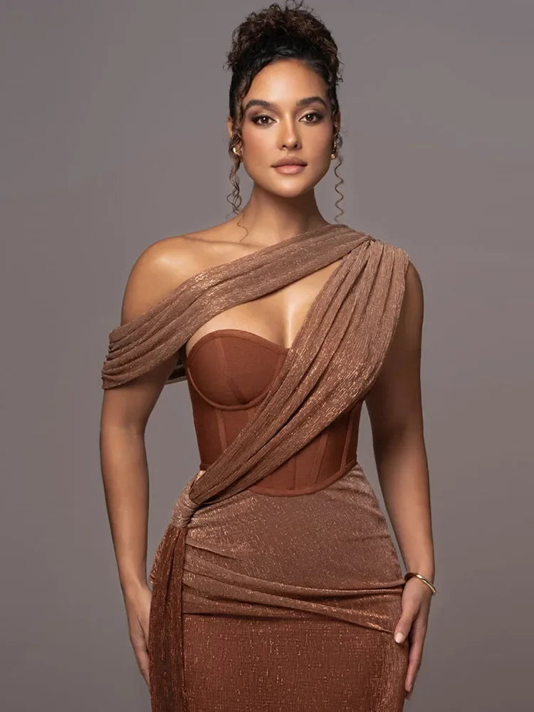 Women's One Shoulder Maxi Dress with High Slit and Draped Detail 3