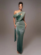 Women's One Shoulder Maxi Dress with High Slit and Draped Detail 4