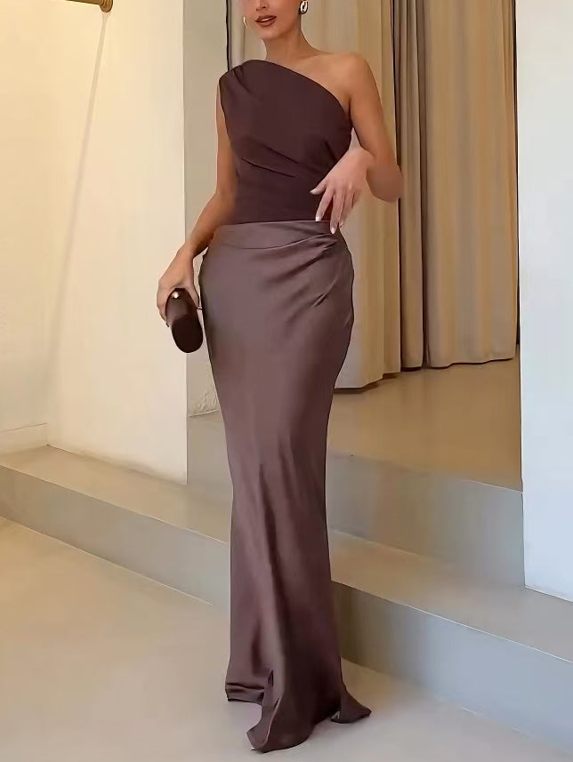 Women's One-Shoulder Pleated Maxi Dress with Asymmetric Neckline 4