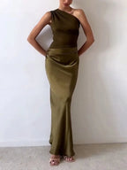 Women's One-Shoulder Pleated Maxi Dress with Asymmetric Neckline 5