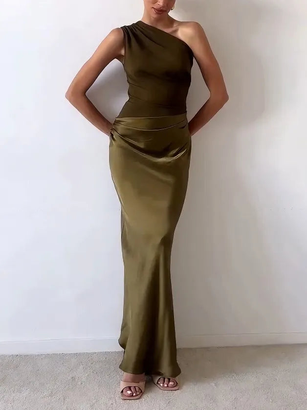 Women's One-Shoulder Pleated Maxi Dress with Asymmetric Neckline 5