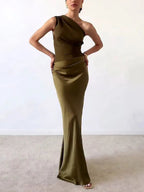 Women's One-Shoulder Pleated Maxi Dress with Asymmetric Neckline 6