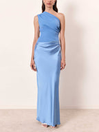 Women's One-Shoulder Pleated Maxi Dress with Asymmetric Neckline 8