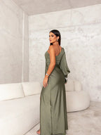 Women's One-Shoulder Satin Dress with Thigh-High Slit and Knot Detail 2