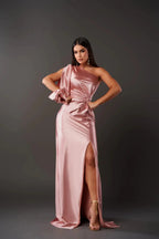 Women's One-Shoulder Satin Maxi Dress with Side Slit 14