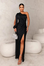 Women's One-Shoulder Satin Maxi Dress with Side Slit 15