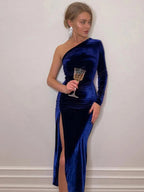 Women's One Shoulder Velvet Dress with Asymmetrical Neckline 2