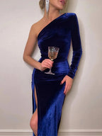Women's One Shoulder Velvet Dress with Asymmetrical Neckline 3