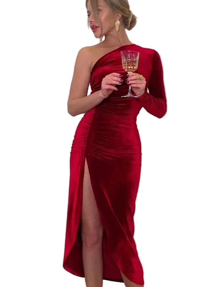 Women's One Shoulder Velvet Dress with Asymmetrical Neckline 4
