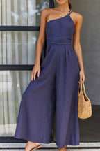 Women's One-Shoulder Wide Leg Jumpsuit with Front Pleats 4