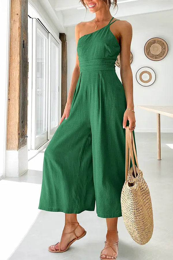 Women's One-Shoulder Wide Leg Jumpsuit with Front Pleats 7