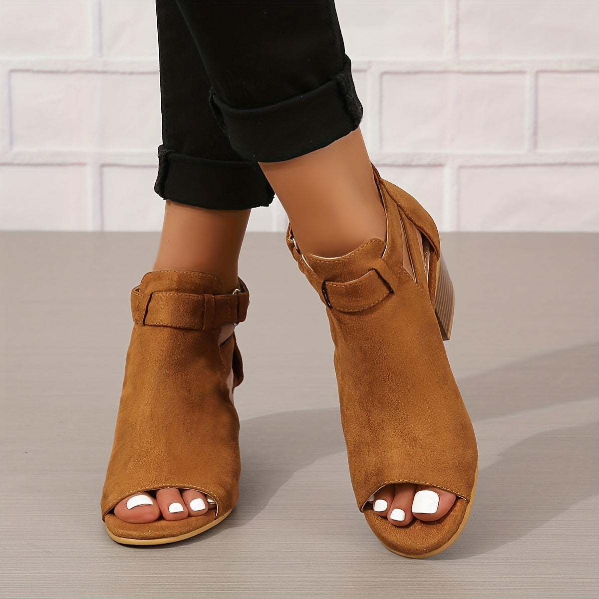 Women's Open-Toe Block Heel Ankle Boots with Cutout Details 11