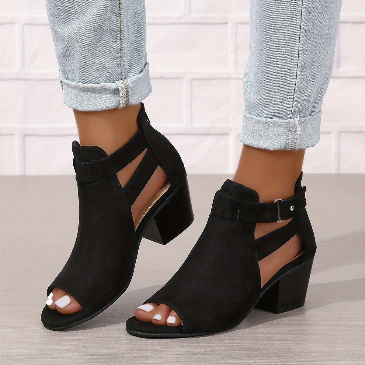 Women's Open-Toe Block Heel Ankle Boots with Cutout Details 2