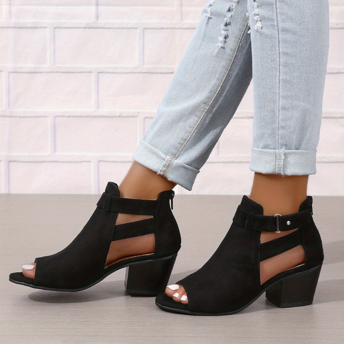 Women's Open-Toe Block Heel Ankle Boots with Cutout Details 4