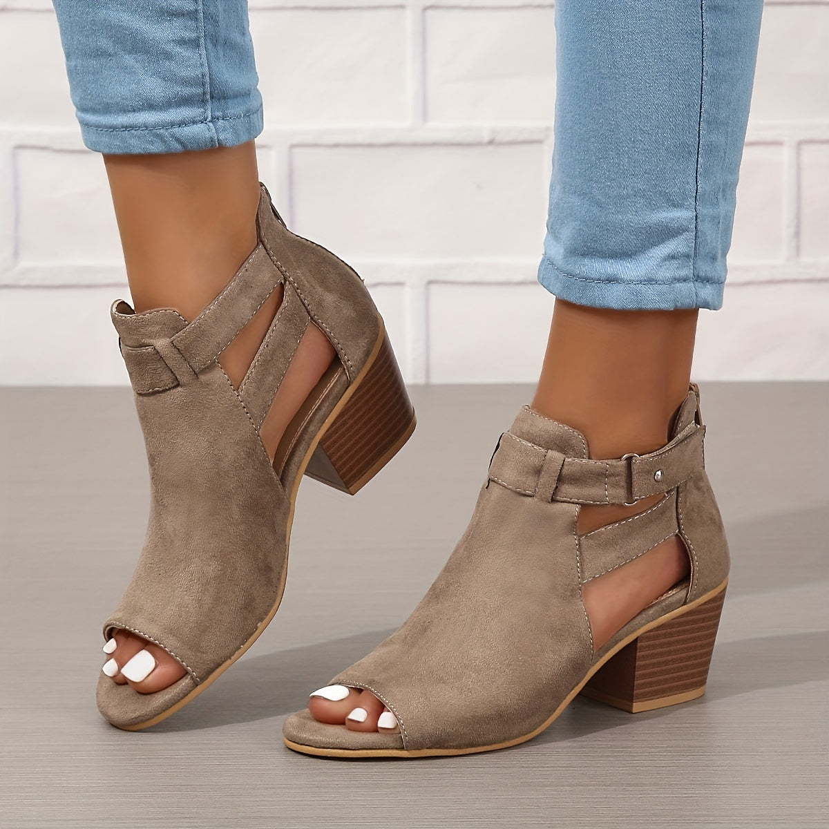 Women's Open-Toe Block Heel Ankle Boots with Cutout Details 5