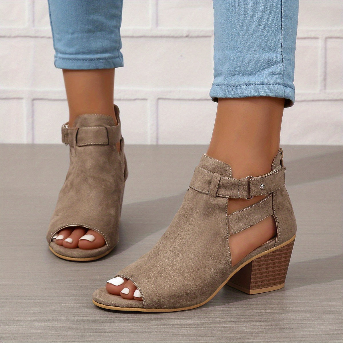 Women's Open-Toe Block Heel Ankle Boots with Cutout Details 6