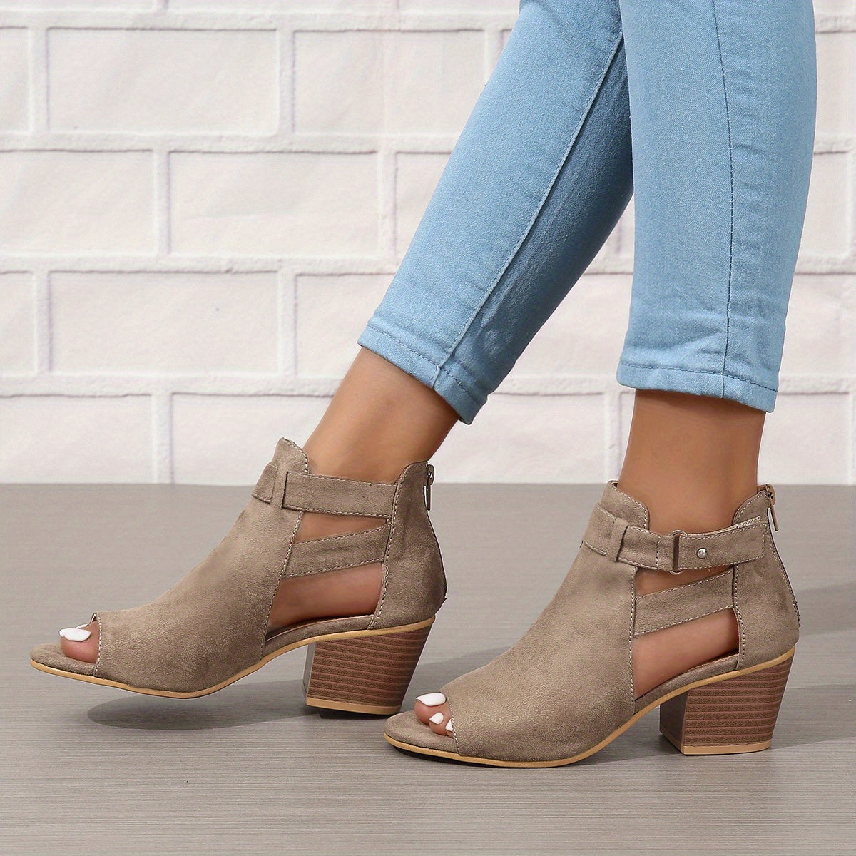 Women's Open-Toe Block Heel Ankle Boots with Cutout Details 7