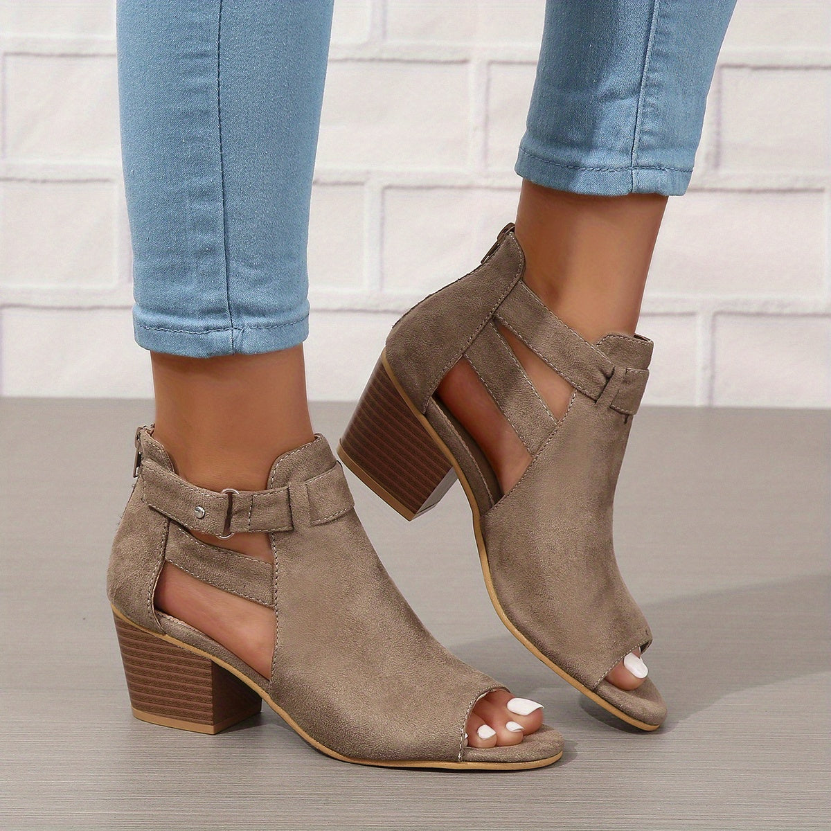 Women's Open-Toe Block Heel Ankle Boots with Cutout Details 8