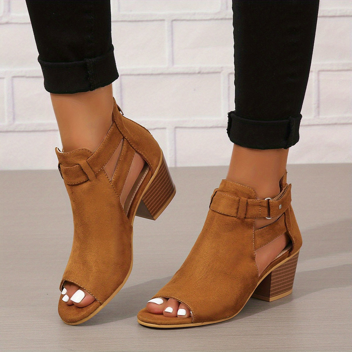 Women's Open-Toe Block Heel Ankle Boots with Cutout Details 9