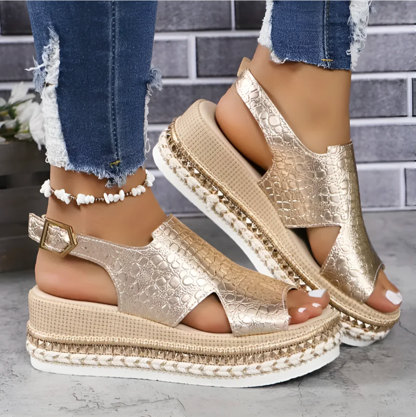 Women's Open-Toe Slingback Sandals with Metallic Finish and Espadrille Sole 1