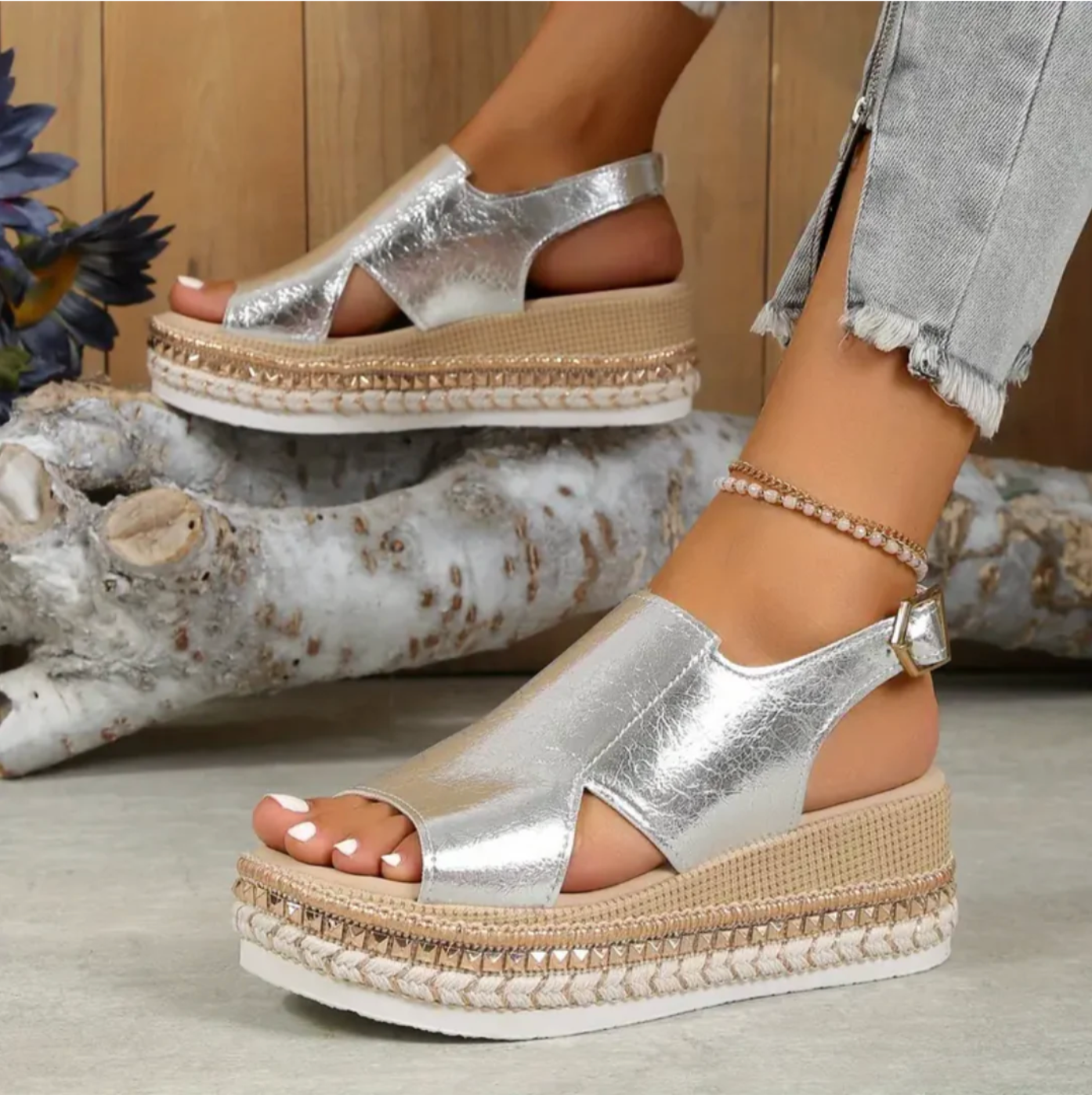 Women's Open-Toe Slingback Sandals with Metallic Finish and Espadrille Sole 2