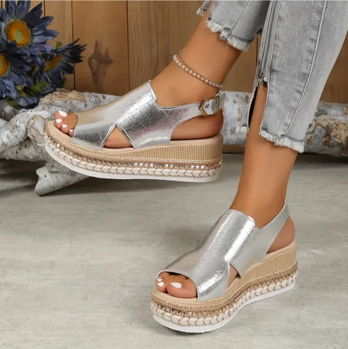 Women's Open-Toe Slingback Sandals with Metallic Finish and Espadrille Sole 6