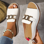 Women's Open-Toe Slip-On Sandals with Metal Buckle Detail 1