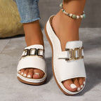 Women's Open-Toe Slip-On Sandals with Metal Buckle Detail 2