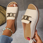 Women's Open-Toe Slip-On Sandals with Metal Buckle Detail 3