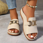 Women's Open-Toe Slip-On Sandals with Metal Buckle Detail 4