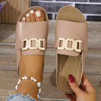 Women's Open-Toe Slip-On Sandals with Metal Buckle Detail 5