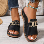 Women's Open-Toe Slip-On Sandals with Metal Buckle Detail 7