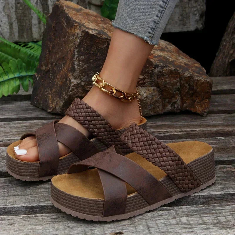 Women's Open-Toe Wedge Sandals with Crisscross Elastic Straps 1
