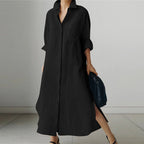 Women's Oversized Button-Down Cotton Shirt Dress with Side Slits 1