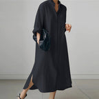 Women's Oversized Button-Down Cotton Shirt Dress with Side Slits 2