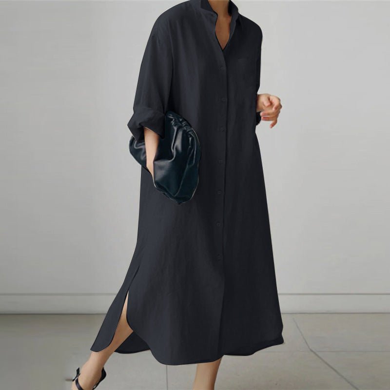 Women's Oversized Button-Down Cotton Shirt Dress with Side Slits 2
